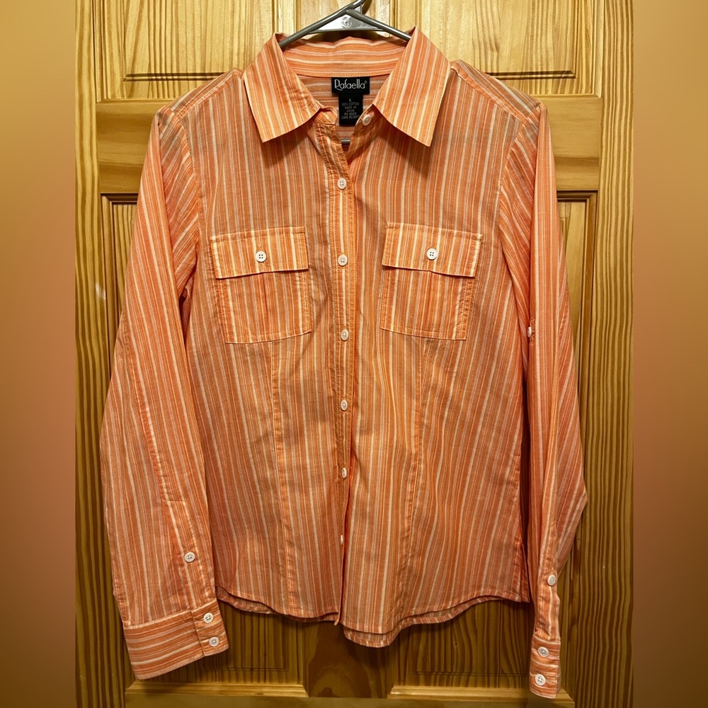 Rafaella, Women's Size 8, Button Down Long-Sleeved Top, Cantaloupe/White Striped